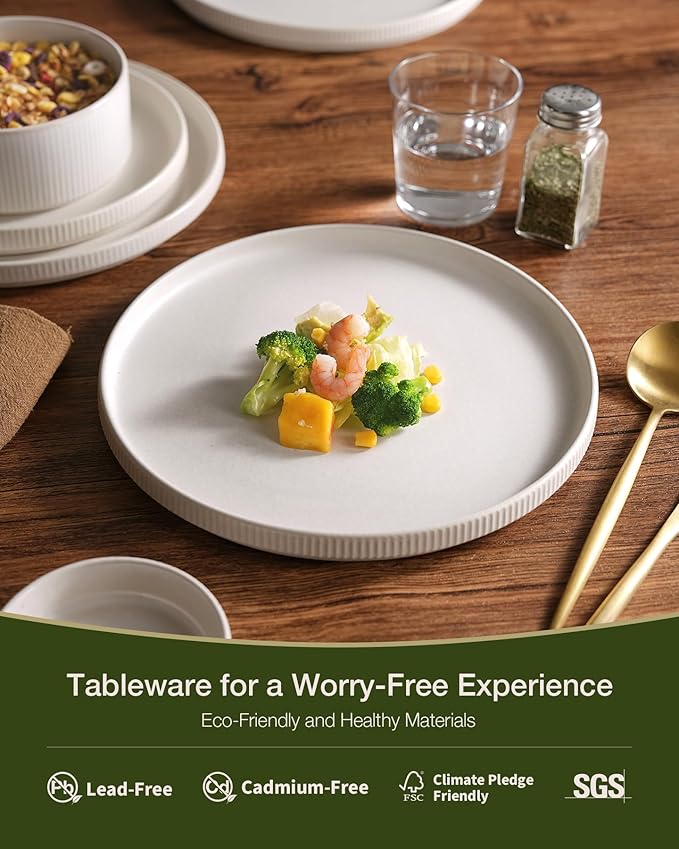 Famiware Star Dinnerware Set with Pasta Bowls, Service for 4 (16pcs), Ribbed Stoneware Plates and Double Bowls Dishes Sets - Chip & Scratch Resistant, Microwave & Dishwasher Safe, Matte White