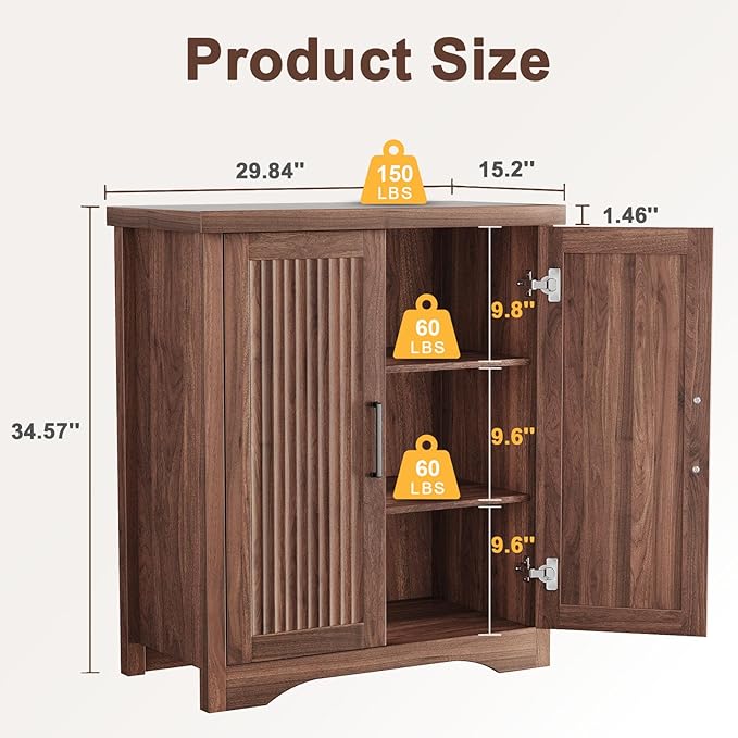 Fluted Buffet Cabinet with Storage Accent Sideboard,Modern Credenza with 2 Doors & Adjustable Shelves,Wood Coffee Bar Table Console for Dining Room Kitchen Living Room Entryway, Walnut