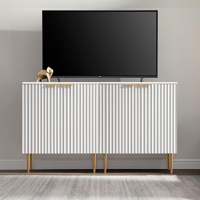 SICOTAS 57" Modern Sideboard Buffet Cabinet - Elegant Storage Credenza with 4 Doors & Adjustable Shelf, Space-Saving Console Coffee Bar Table for Entryway, Kitchen, Living Room or Hallway,White
