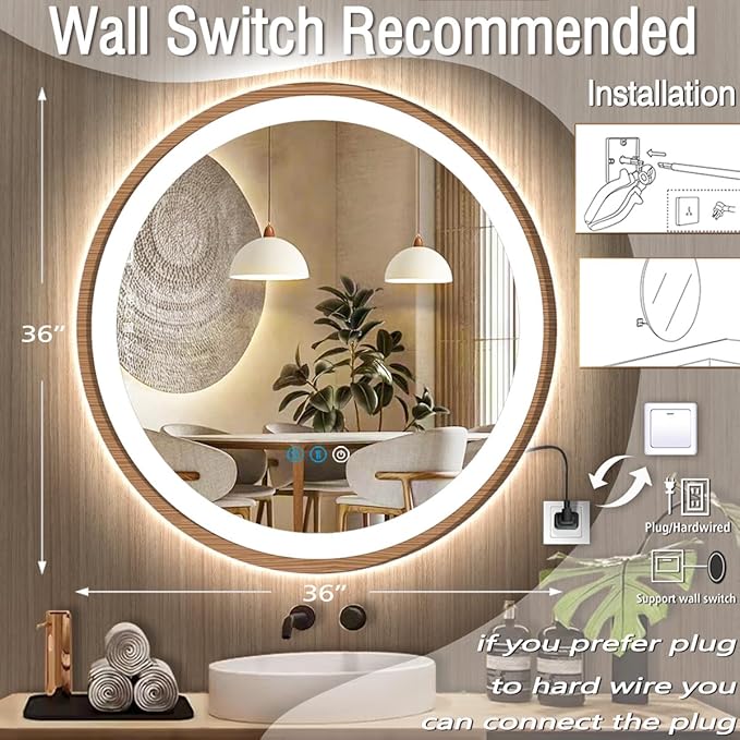 36 Inch Wood Frame LED Round Mirror with Lights 3 Color Dimmable Smart Memory Function AntiFog 36" Wood Framed Circle Round Lighted Vanity Mirror with Lights for Bathroom Wall Mounted