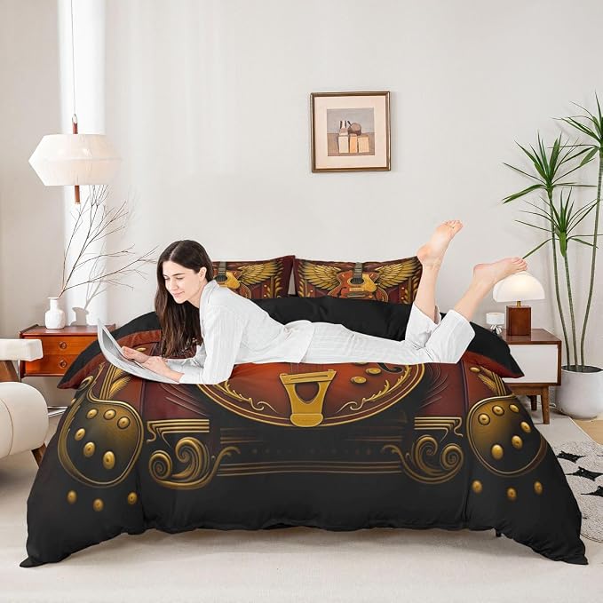 Erosebridal Guitar Comforter Cover Full Luxury Angel Wings Guitar Bedding Set Vintage Baroque Style Room Decor Duvet Cover,Youth Rock Roll Music Bed Set