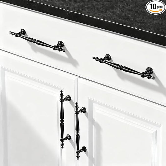 Shimeyao 10 Pack Antique Matte Black Cabinet Pulls 5"(128 mm) Hole Center Vintage Cabinet Pulls Handles Drawer Handles Closet for Kitchen Bathroom Drawer Dresser Pull Hardware Hole Center