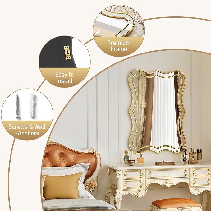 Gold Scalloped Wall Mirror, 24”x32“ Rectangle Wavy Mirrors, Wall Decor Mirror for Living Room,Bedroom,Bathroom,Entryway