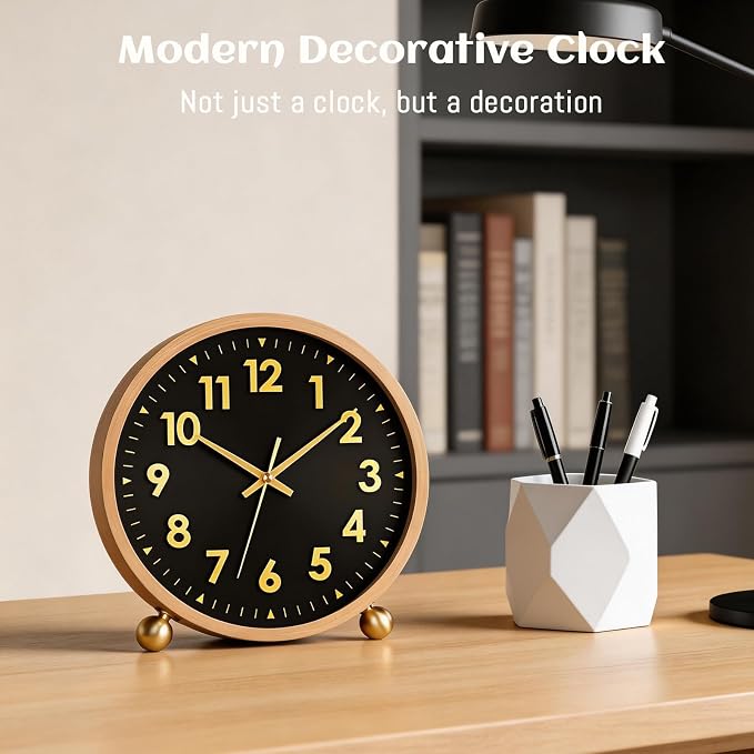 Maxspace Wooden Table Clock,8in Silent Non-Ticking Desk Clock with Gold Ball Base,Battery Operated Desktop Analog Clock for Living Room Office Bedroom Decor (Black Gold - Log, Copper Ball Base)