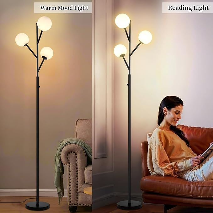 3-Globe Mid Century Black Tree Floor Lamp for Living Room,70in Tall Modern Stepless Dimmable Standing Lamp with Frosted Glass Shade for Office Bedroom, Study Room Bulbs Included(dimmer-Black)