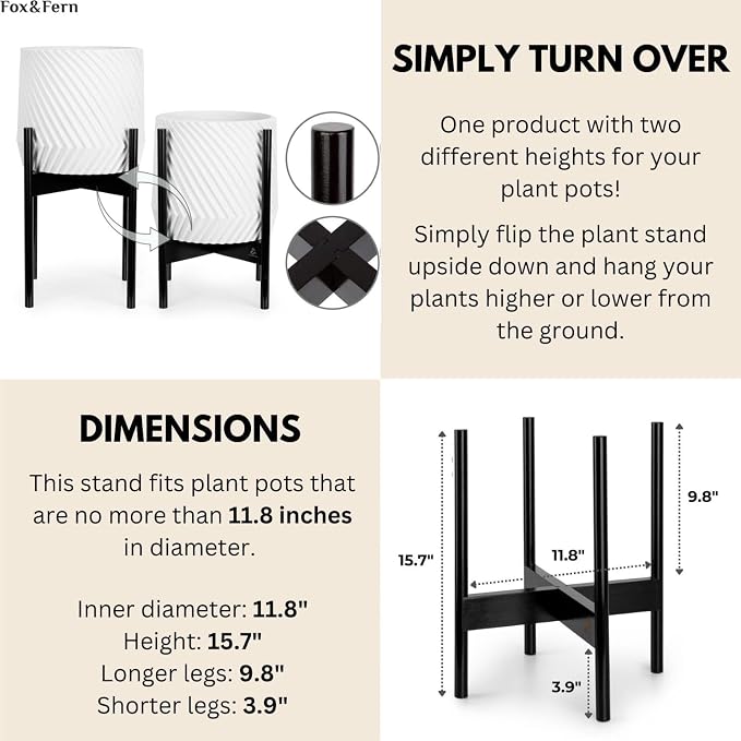 Fox & Fern Bamboo Plant Stand — 11.8 Inch Fixed Size Wooden Mid Century Plant Stand for Indoor Planters (Not Included) - Raised Flower Pot Holder for Indoor Big Pots - Plug In Design - Dark Bamboo