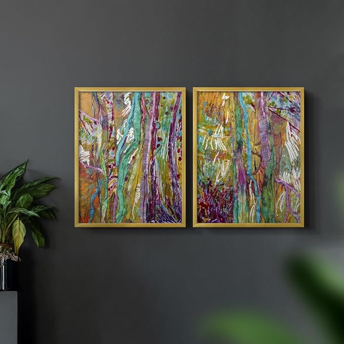 Renditions Gallery Set of 2 Peel & Stick Framed Prints, Modern Abstract Wall Art, Colorful Artistic Painting Wall Decor, Re-Stickable - Ready to Hang - 22"x28" - GOLD Frame LT588