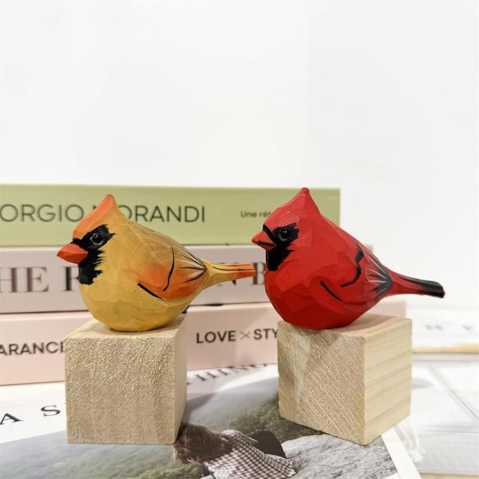 Hand Carved Painted Wooden Birds for Home Decor - Female Cardinal Statue for Bird Lovers, Housewarming, Birthday, Christmas, Anniversaries