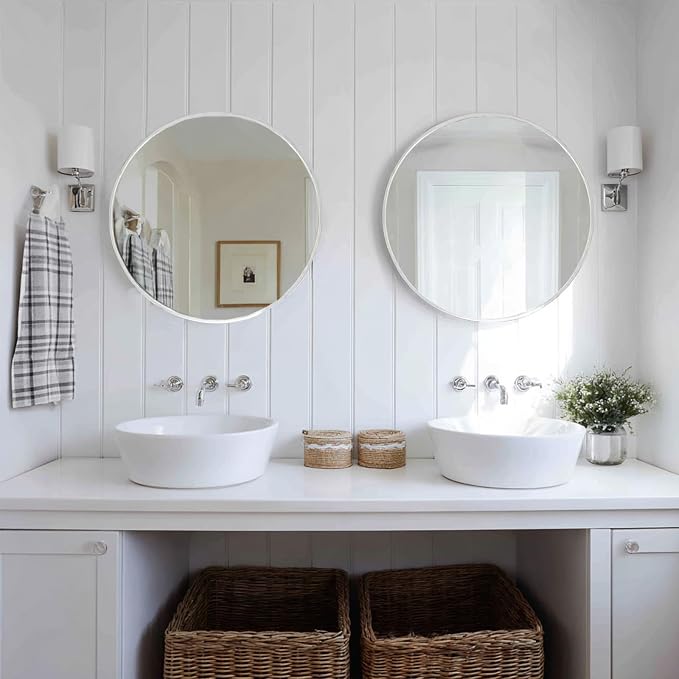 Sunniry Silver Round Mirror 24 inch, 2 Pack Silver Circle Mirror, Round Bathroom Mirrors Metal Frame for Bathroom, Bedroom, Living Room, Hallway.