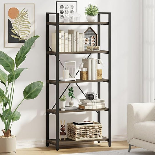 FATORRI 5 Tier Industrial Bookshelf, Rustic Etagere Bookcase for Display, Vintage Shelving Unit Wood and Metal Tall Book Shelves for Home Office (Walnut Brown)