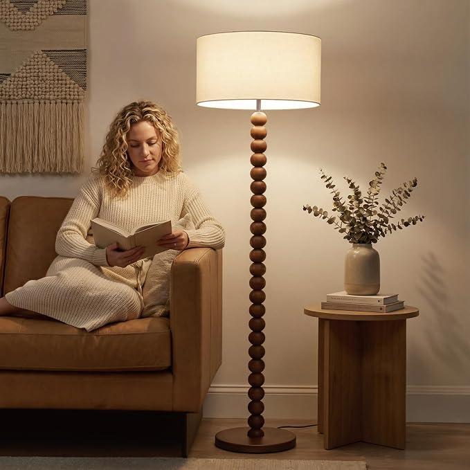 Buruis 61" Beaded Wood Floor Lamp with 17.2" Large Linen Shade, Retro Mid-Century Accent Walnut Finish Standing Lamp for Living Room, Bedroom, Office, Corner, UL Listed, Bulb Not Included, Beige