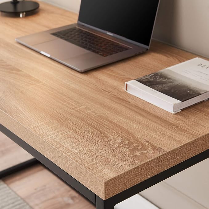 CENSI 47" Natural Oak Writing Computer Laptop PC Desk, Light Wood | Modern Industrial Writing Table, 1.6" Thick Wood Top, Sturdy Metal Frame, Home Office Workstation