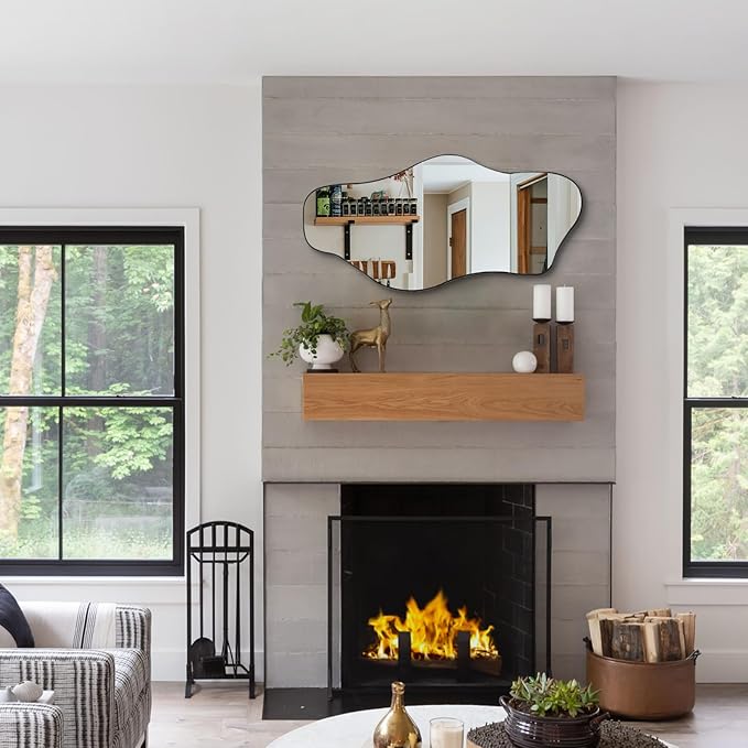 Irregular Frameless Mirror, 35.8"x17.7" Asymmetrical Wall Mirrors Decorative, Modern Abstract Tempered Glass Mirrors for Living Room Bathroom Bedroom Hallway Entryway Fireplace