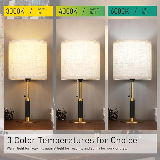 18.9" Set 2 Mid Century Bedside Table Lamp for Nightstand with Pull Chain, Lamp for Bedroom, Living Room, Solid Wood/Metal/Fabric Small Lamps for Home Office Room Decor (Light Brown+Brass)