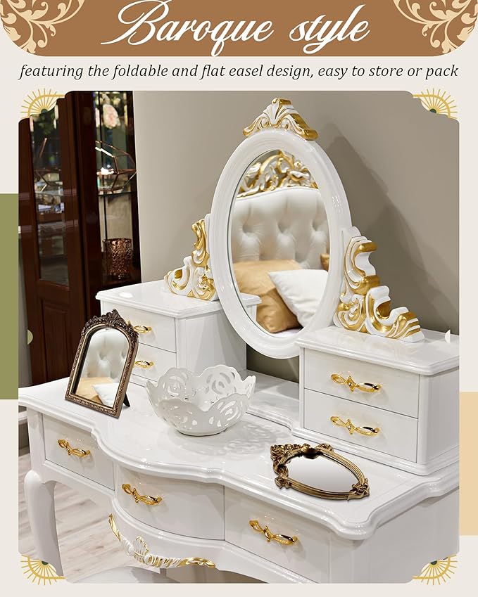 Wonderjune 3 Pcs Vintage Gold Mirror Set Wall Decorative, 8-15in Vintage Wall Mirror Hanging Antique Hanging with Stand for Living Room Home Wedding Decor(Classic Style, 13in/12in/10in)