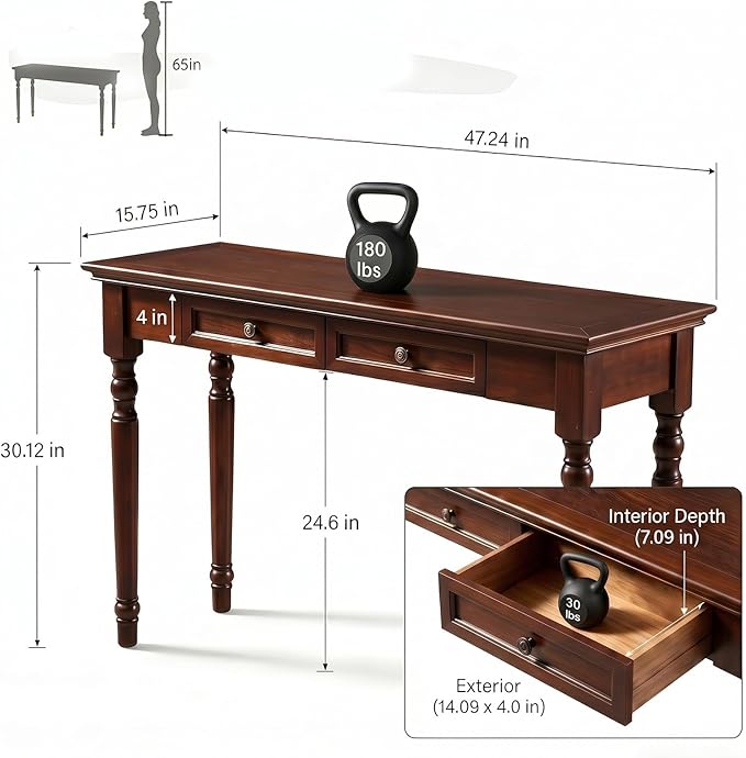 ADORZ Narrow Writing Desk with Drawers, 47 Inch French Country Solid Wood Desk for Home Office, Study Workspace or Bedroom, Walnut