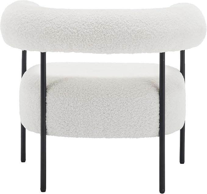 Boucle Modern Accent Chair with Curved Back, Small Living Room Vanity Chair, White Comfy Sherpa Barrel Armchair with Metal Legs & Upholstered for Bedroom, Makeup Room