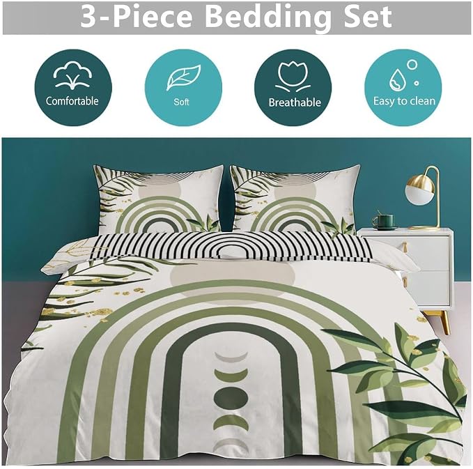 Boho Green Leaf Bedding Set,Abstract Bohemian Mid Century Aesthetic Comforter Set,Modern Simple Minimalist Geometric Plant Botanical Palm Leaf Bed Sets,Full 79"x90"