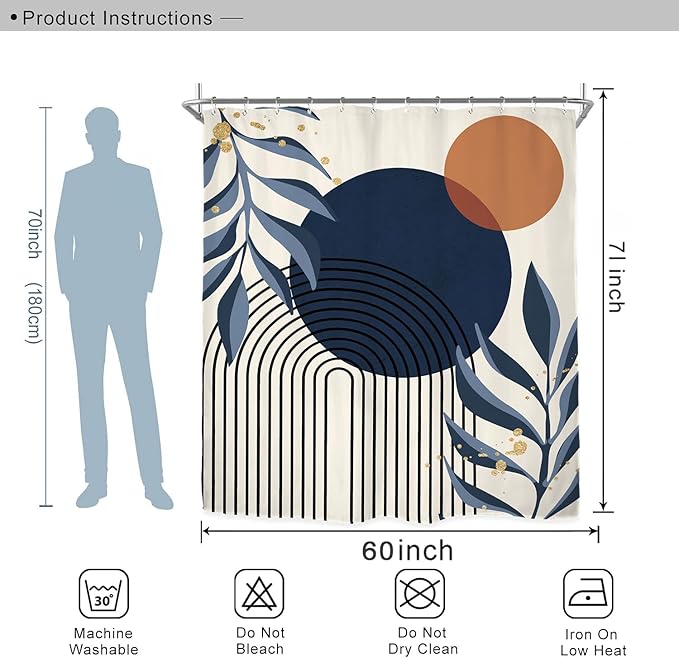 Miyotaa Abstract Navy Blue Shower Curtain Set 60Wx71H Inches Minimalist Aesthetic Modern Contemporary Plant Leaves Neutral Polyester Waterproof Cloth Bathroom Curtain with 12 Hooks