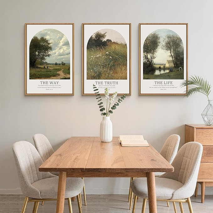 FWIEXA Christian Bible Verse Canvas Wall Art Set 3, Vintage Scripture Framed Painting, Religious Landscape Decor, The Way The Truth The Life Artwork, 16x24In Prints for Living Room,Bedroom,Prayer Room
