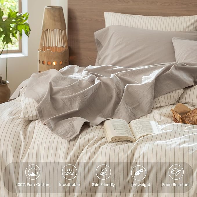 MooMee Bedding Sheet Set 100% Washed Cotton Linen Like Textured Breathable Durable Soft Comfy (Heathered Cream Grey, California King)