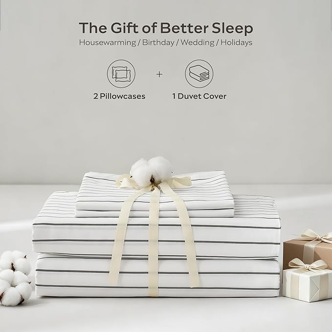 JELLYMONI Wide Striped Duvet Cover Set - Full Size Comforter Cover, Classic White & Gray Stripes, 100% Cotton 3 Pcs Bedding with Zipper Closure & 8 Corner Ties for Guest or Teen Room