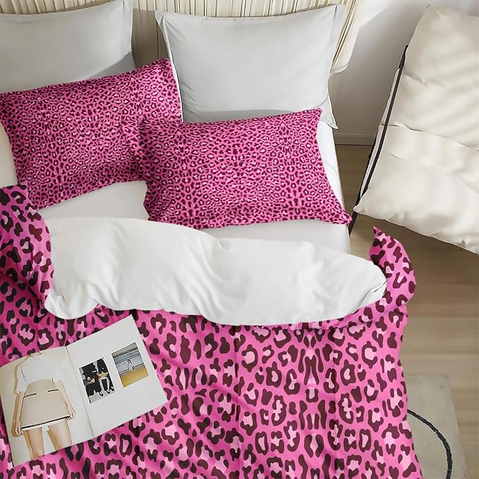 Comforter Set with 2 Pillowcases Queen Size, Pink Leopard Cheetah Print, Bed Decor Wildlife Animal Skin for Kids and Adults, Soft Cozy Bedroom Bedding Set