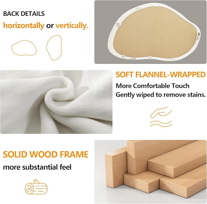 Irregular Wall Mirror Asymmetrical Mirror, 35"x24" Flannel Wrapped Wood Vanity Mirror, Decorative Wave Mirrors for Living Room Bathroom Entryway, Horizontal/Vertical, Ivory