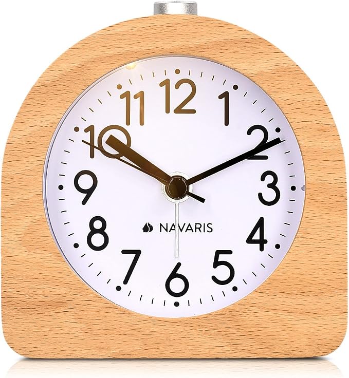 Navaris Wood Analog Alarm Clock - Half-Round Battery-Operated Non-Ticking Clock with Snooze Button and Light - Light Brown