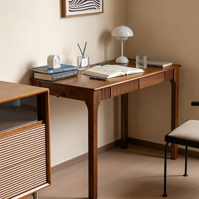 100% Solid Wood Desk with Drawers, Small Home Office Writing Wooden Desk, Vintage Wood Desk for Small Spaces, Bedroom, Work Study Computer Table with Fluted Design and Hooks(Walnut)