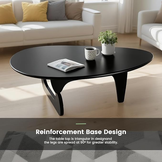 Solid Wooden Modern Triangle Coffee Table: Unique Funky Coffee Tables for Living Room, Oval Mid-Century Irregular Abstract Tea Tables for Patio Office Balcony Bedroom (Black, 35" L x 24" W x 16" H)