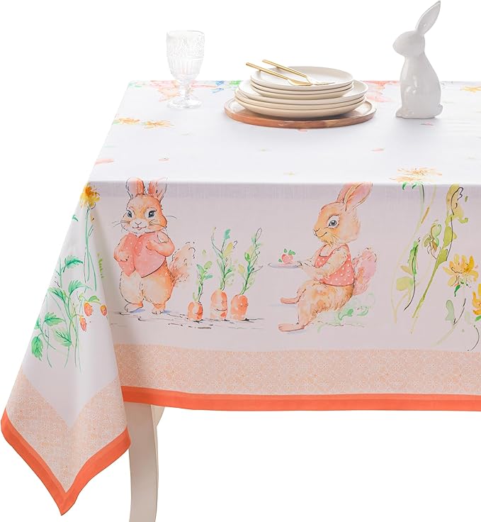Maison d' Hermine Table Cloth Square Table 100% Cotton 60 x 60 Inches Tablecloth Reusable Decorative for Dining Room Farmhouse Home Valentines Day Decorations Spring Summer - Bunny Party