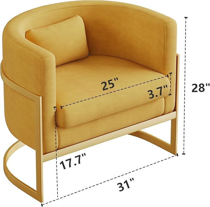 Velvet Accent Chair Modern Barrel Chair with Gold Legs Upholstered Armchair for Bedroom Living Room Sofa Chair Club Side Chairs Yellow
