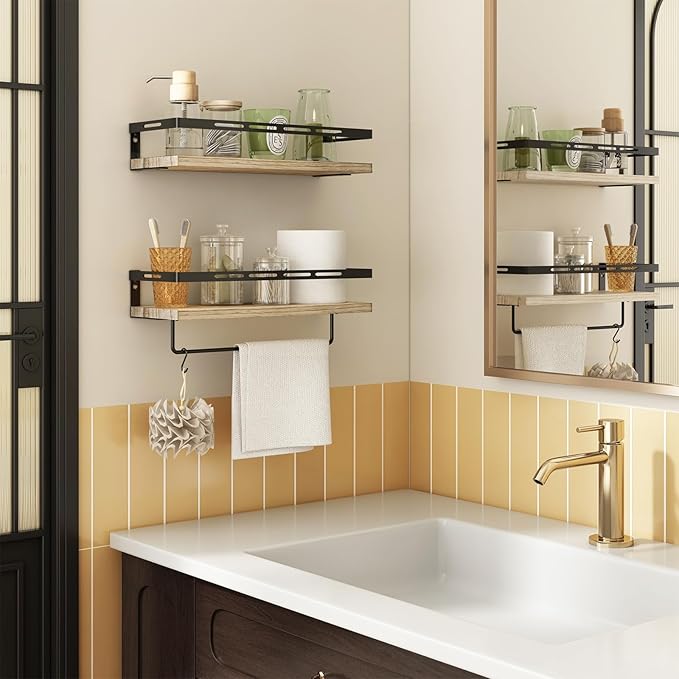 YGEOMER Floating Shelves for Bathroom Organizer Over Toilet, Wall Mounted Bathroom Shelves with Towel Bar, Wall Shelf for Bedroom Kitchen Living Room Storage (Rustic Brown-Black)