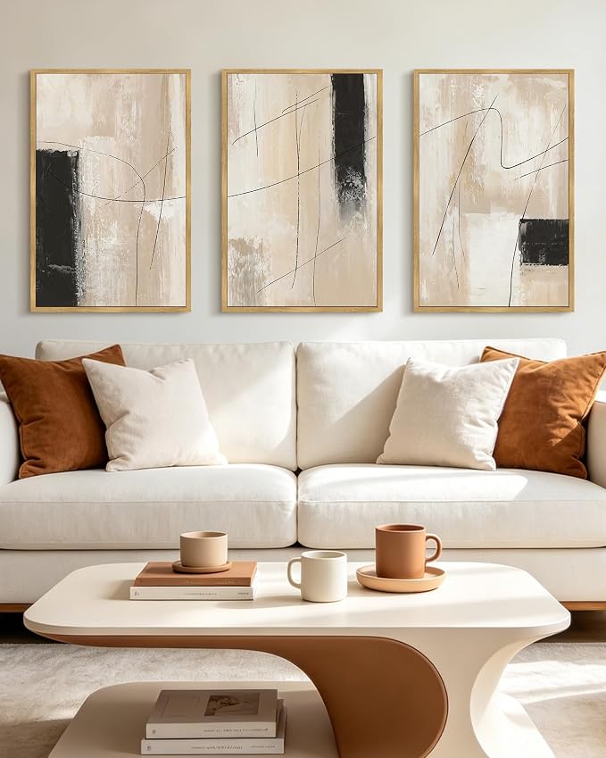 KUVIOKE Abstract Framed Wall Art Minimalist Beige Pastel Watercolor Neutral Wall Decor Modern Black Line Art Painting for Bedroom Dining Room 24x36in (Natural Framed)