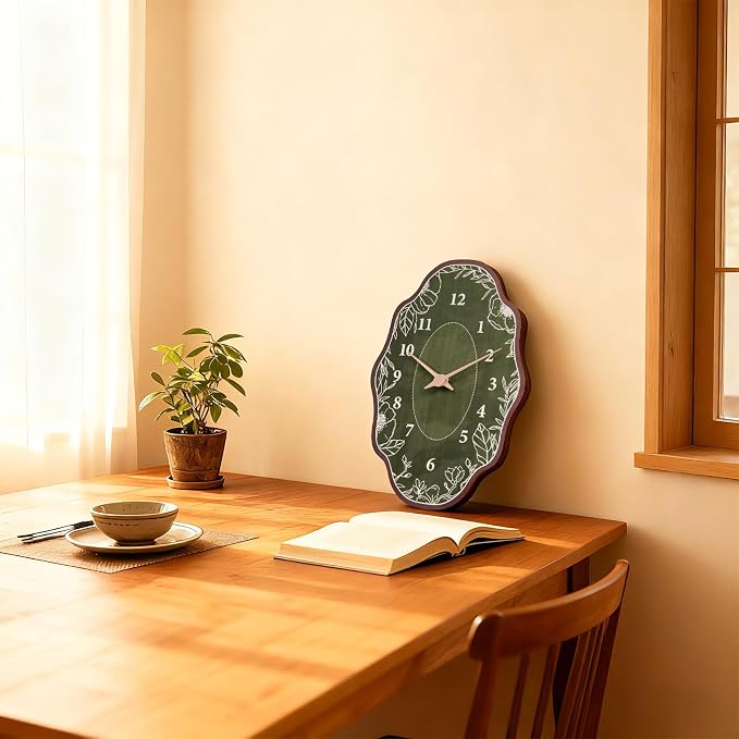 Mid Century Retro Irregular Shape Wall Clock, Silent Non-Ticking Battery Operated, 14 x 9 Inch Vintage Boho Green Art Clock for Living Room, Bedroom, Entryway, Mantel Decor