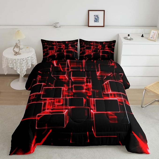 Erosebridal Fire Red and Black Kids Comforter Set Twin, Modern Geometric Square Bedding for Boys Girls Gradient Neon Light Honeycomb Duvet Set Soft Microfiber Quilt with 1 Pillowcase