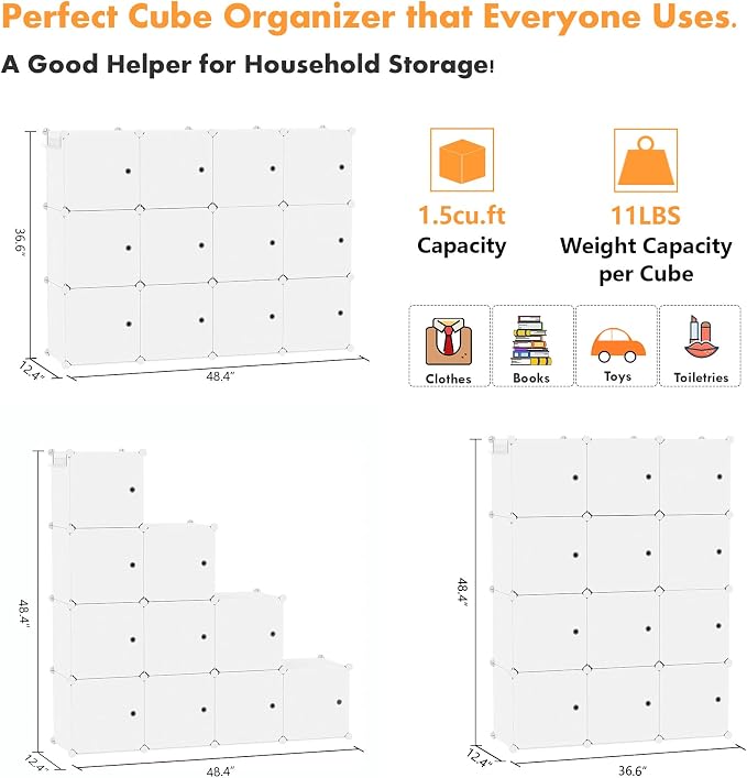C&AHOME Cube Storage Organizer with Doors, 12-Cube Shelves, Closet Cabinet, DIY Plastic Modular Bookshelf Ideal for Home, Living Room, 36.6”L x 12.4”W x 48.4”H Milky USHS3012M-DOOR