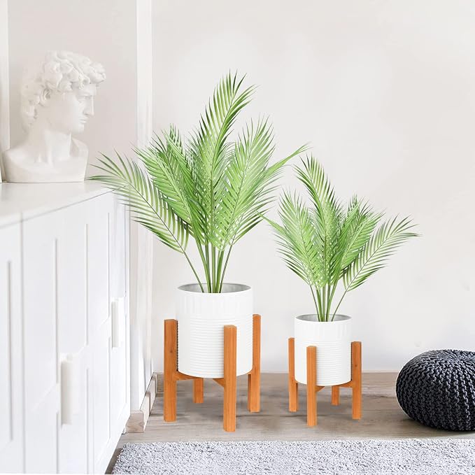 2-Piece White Metal Planter Set with Wood Stand, Indoor Mid Century Modern Planters with Drainage, 8" & 10"