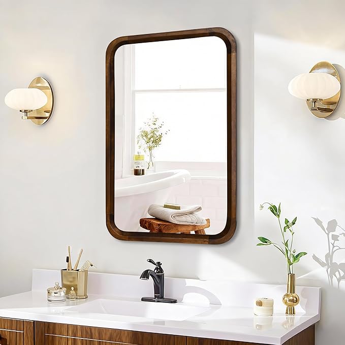 Wood Bathroom Mirror for Wall,Rectangle 20 x 30 inch Hanging Vanity Brown Tempered Mirrors with Rounded Corner for Living Room,Bedroom,Entryway (Walnut, 24x30 Inch)