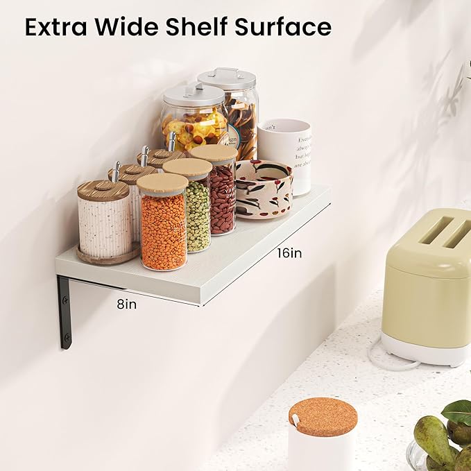 Marsmiles Extra Wide Floating Shelves for Wall, 16x8 Inch Natural Wood Grain Bookshelves, Heavy Duty Mounted Shelving for Bathroom, Kitchen, Living Room, Bedroom,Set of 2，White