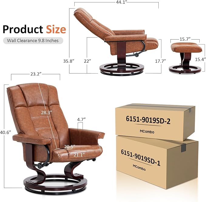 MCombo Manual Swivel Recliner with Ottoman, Chair Ottoman Set for RV Small Spaces, Living Room, Bedroom, Office 9019 4919 (Faux Leather, Saddle)