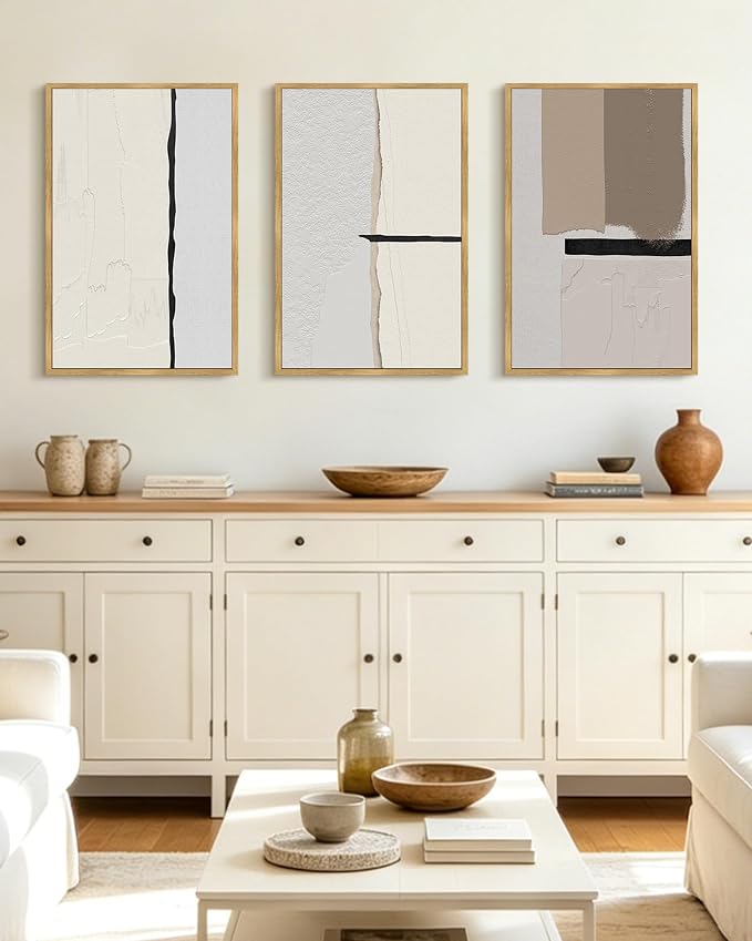 KUVIOKE Neutral Abstract Framed Wall Art Beige Mid Century Textured Wall Decor Minimalist Modern Illustrations Art Print for Living Room Bedroom 16x24in (Natural Framed)