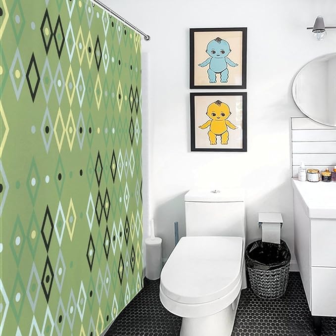 Vintage Mid Century Geometry Shower Curtains, Modern Green Diamond Pattern Thermal Insulated Privacy Washable Waterproof Fabric for Bathroom Decor Bathtub with 12 Hooks 72x72in (183x183cm)