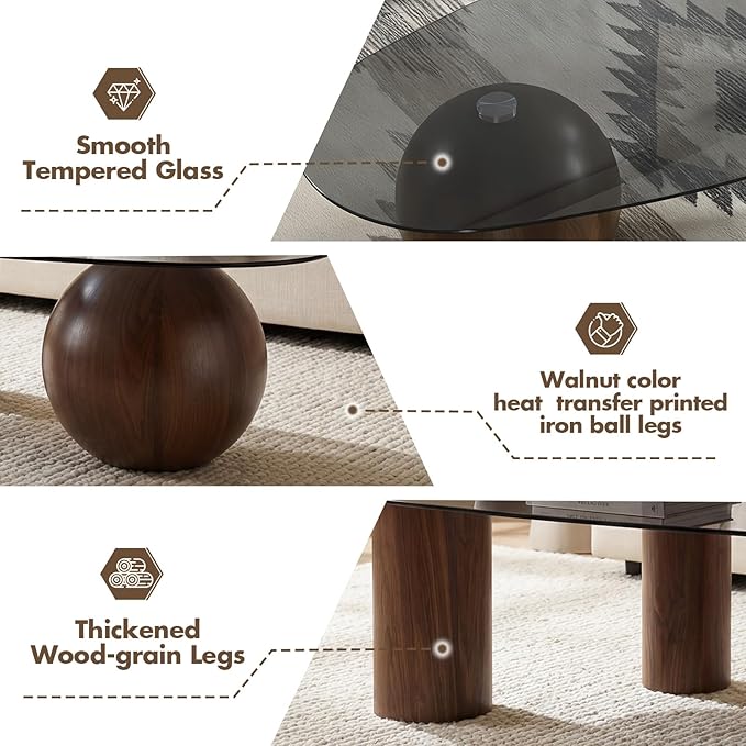 55" Black Glass Top Cloud Coffee Table, Modern Irregular Coffee Table with Walnut Finished Legs, Modern Indoor Accent Center Table for Living Room Bedroom