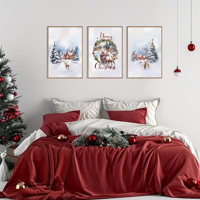HPINUB Christmas Santa Reindeer Framed Canvas Wall Art Set Sleigh Deer Winter Snow Forest Tree Wall Decor Wonderland Art Print for Living Room,Bedroom,Party-16" x24"x3