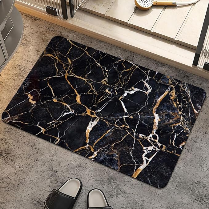 Bath Mat Rug,Black marble with yellow and white Non Slip Quick Dry Super Absorbent Thin Bathroom Rugs Fit Under Door-Easy to clean Bathroom Floor Mats-Shower Rug for Shower Sink Bathtub(20" x 31"In)
