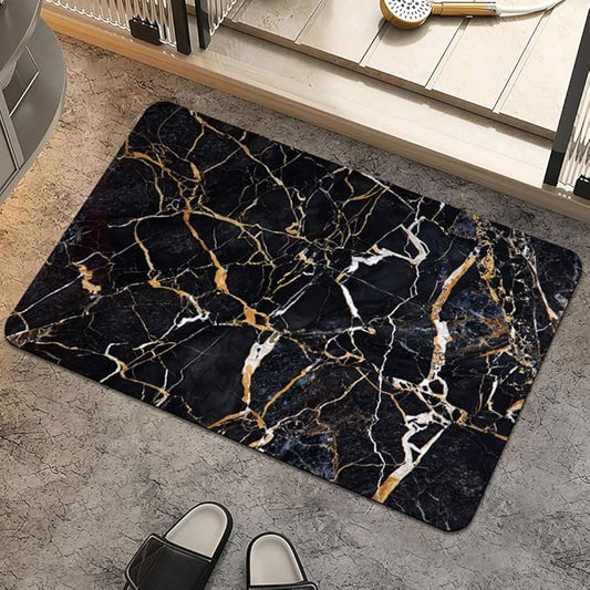 Bath Mat Rug,Black marble with yellow and white Non Slip Quick Dry Super Absorbent Thin Bathroom Rugs Fit Under Door-Easy to clean Bathroom Floor Mats-Shower Rug for Shower Sink Bathtub(20" x 31"In)