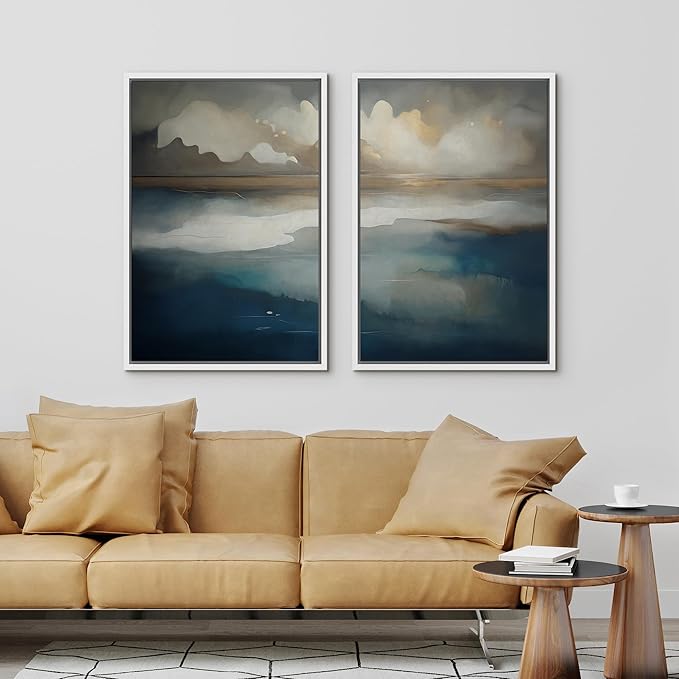 IDEA4WALL Framed Canvas Print Wall Art Set Ocean Cloudscape Blue and Beige Abstract Seascape Illustrations Modern Art Decorative Bohemian Calm/Zen for Living Room, Bedroom, Office - 24"x36"x2 White