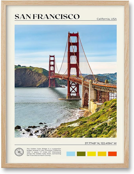 HesenDot Natural OAK Wood Golden Gate Bridge Framed Wall Art,12x16in San Francisco City Skyline Canvas Wall Print,Modern Urban Landmark Wall Decor for Living Room,Bedroom,Office Gallery Gifts Set of 1